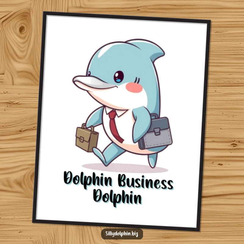 Funny dolphin with a briefcase, marching with determination, depicted as motivational wall art on a poster.