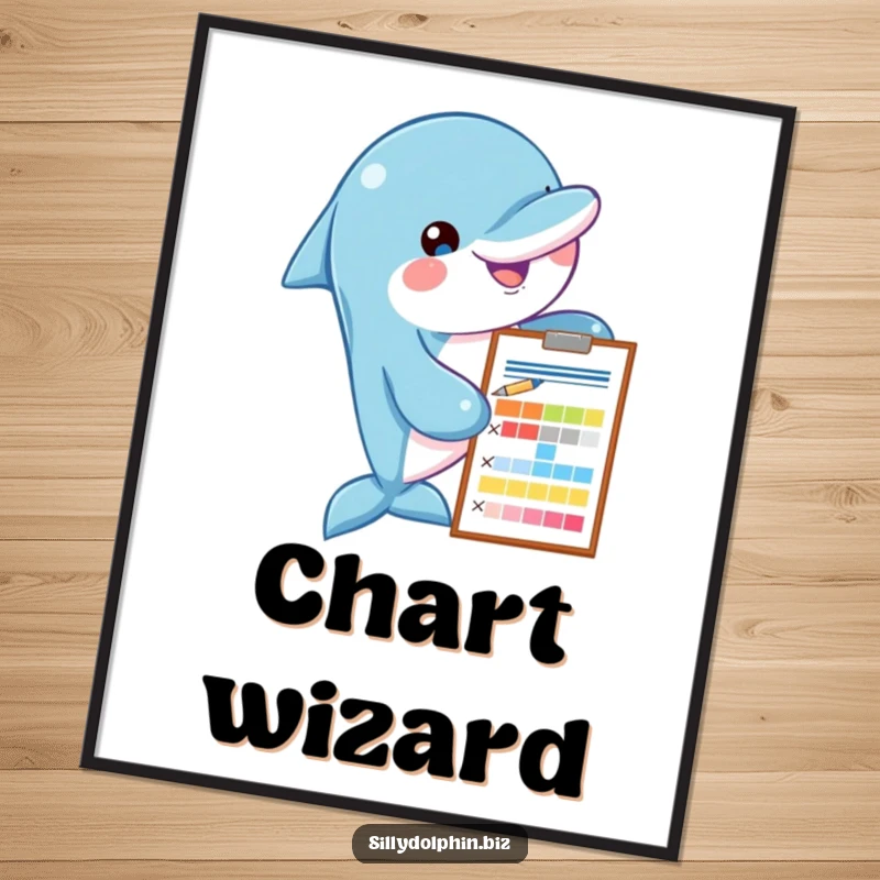 Funny dolphin poster of a dolphin with a clipboard and pen, assessing a colorful chart, bringing analytical humor to walls.