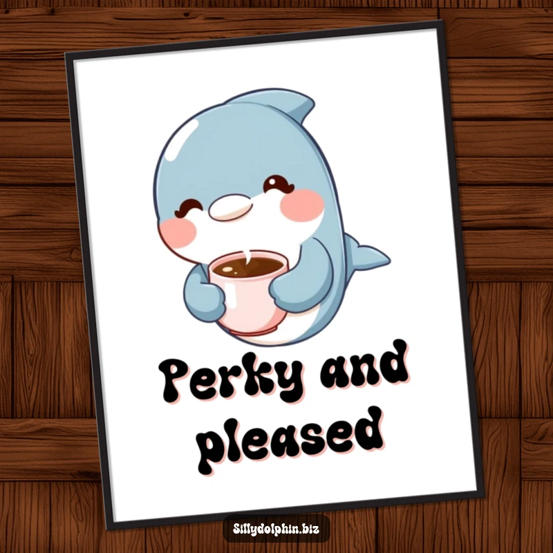 Funny Dolphin Poster: Dolphin holding a tiny steaming coffee cup with a content expression, relaxing art