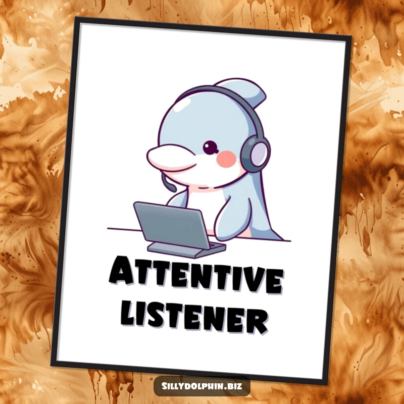 Funny dolphin poster of a dolphin wearing a headset, looking attentive behind a desk, bringing attentive humor to walls.