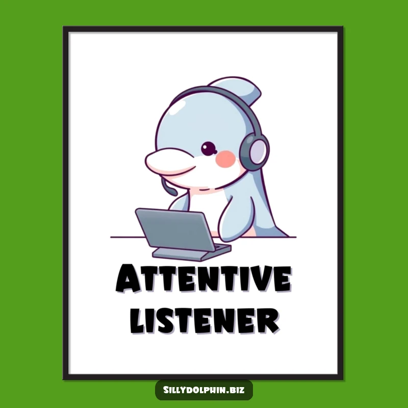 Funny Dolphin Headset Poster - Attentive & Whimsical Wall Art