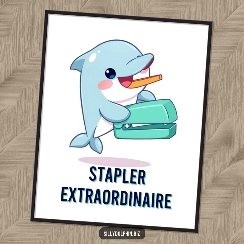 Funny dolphin poster of a dolphin gleefully operating an oversized stapler with its fin, bringing enthusiastic humor to walls.