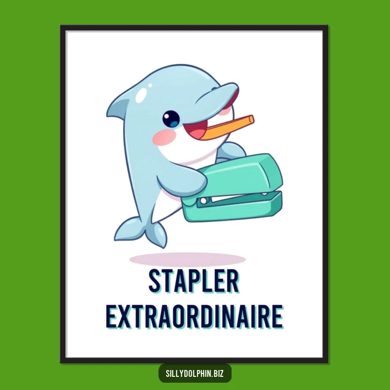 Funny Dolphin Stapler Poster - Enthusiastic & Whimsical Wall Art