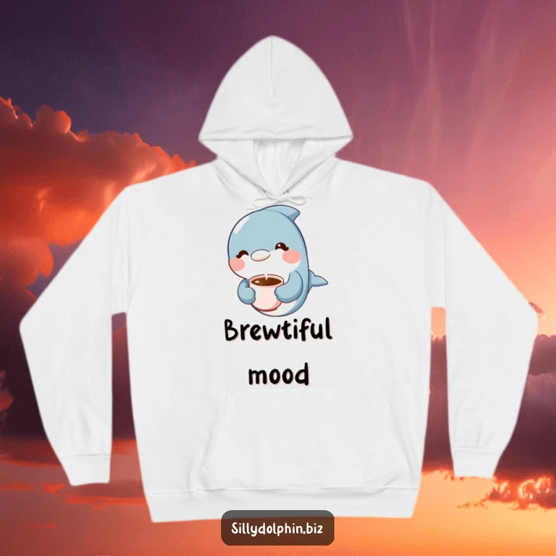 Funny Dolphin Hoodie: Dolphin holding a tiny steaming coffee cup with a content expression, comfy coffee lover