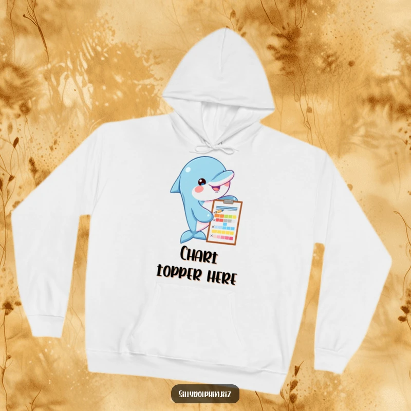 Funny dolphin hoodie with a clipboard and pen, assessing a colorful chart, perfect for cozy analytical contemplation.