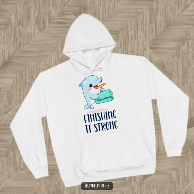 Funny dolphin hoodie gleefully operating an oversized stapler with its fin, perfect for cozy enthusiasm and humor.