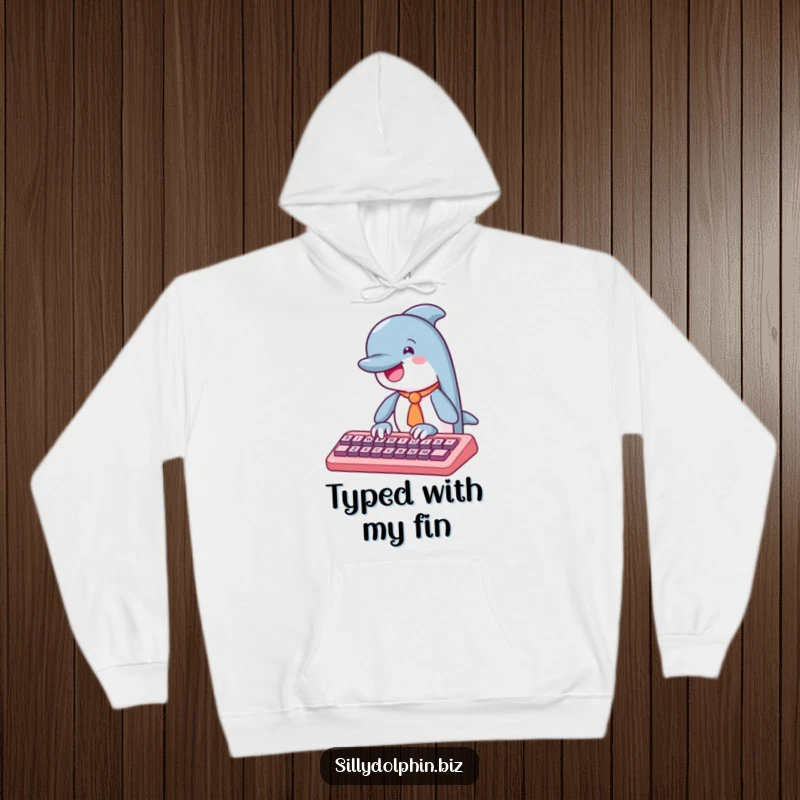 Funny dolphin hoodie, wearing a tie and typing enthusiastically on an abstract keyboard, embodying productive humor.