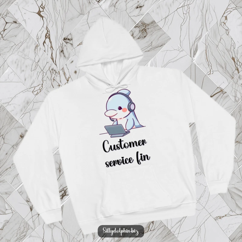 Funny dolphin hoodie wearing a headset, looking attentive behind a desk, perfect for cozy communication and humor.