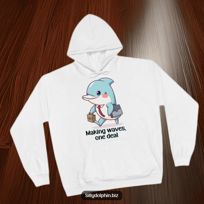 Funny dolphin wearing a small briefcase, marching with a confident expression, perfect for a cozy hoodie.