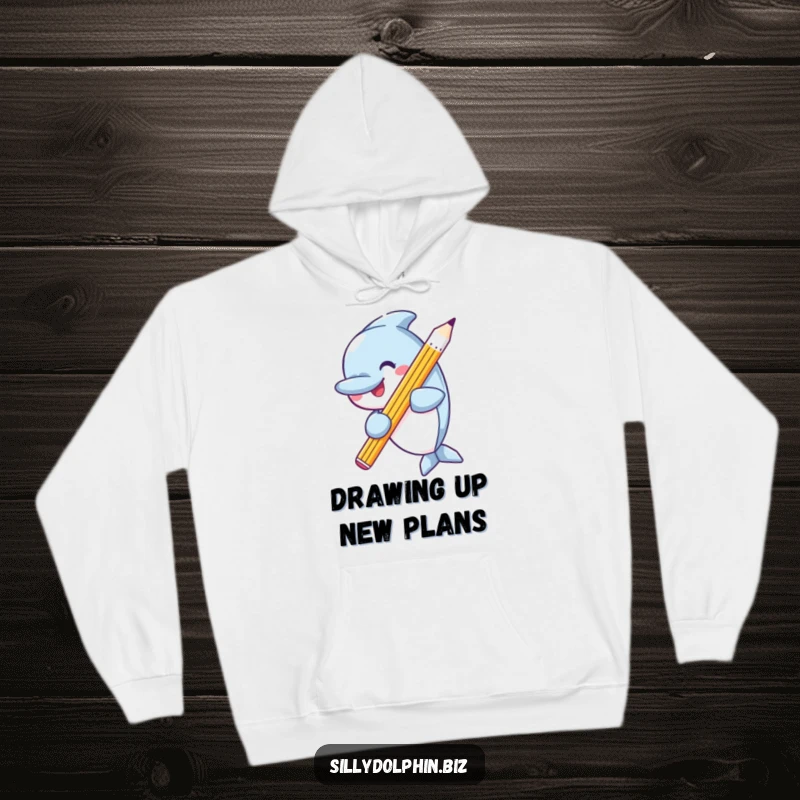 Funny hoodie featuring a joyful dolphin holding an oversized, sharp pencil, ready to inspire creativity and laughter.