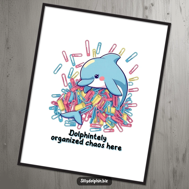 Funny Free Printable Wall Art: A determined dolphin tries to bring order to a wild pile of giant paperclips. Playful office humor.