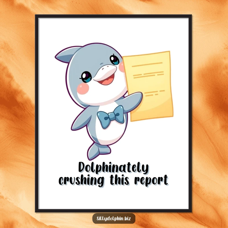 Funny Free Printable Wall Art: Dolphin wearing a bowtie excitedly presents a glowing, oversized business report.