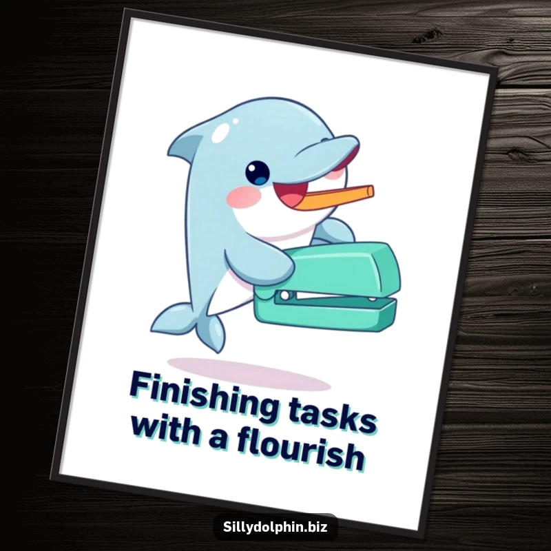 Funny Free Printable Wall Art: A dolphin gleefully operates a quirky, oversized stapler using its fin.