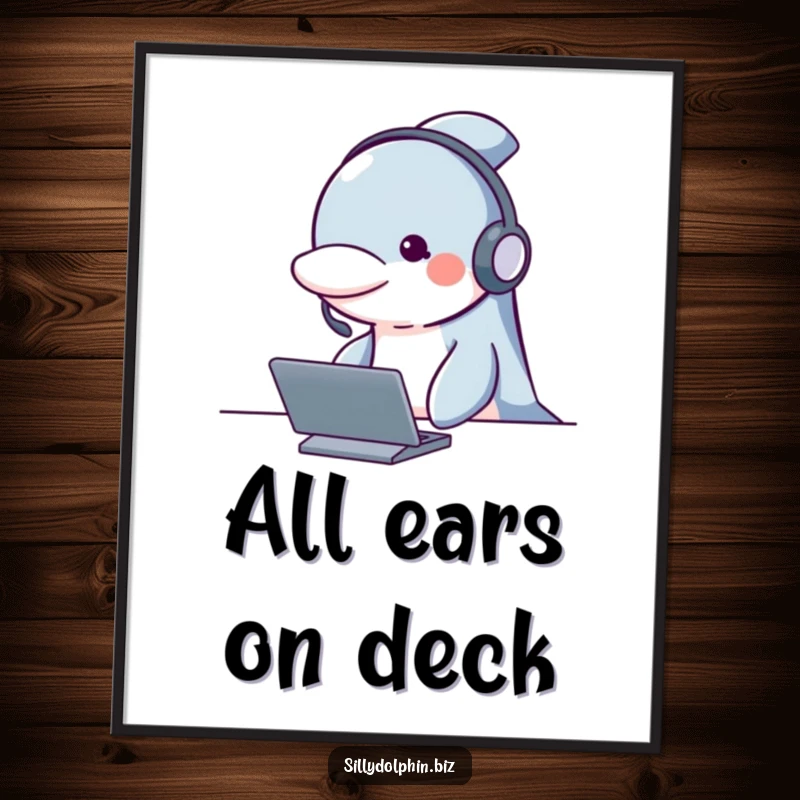 Funny Free Printable Wall Art: A dolphin with a headset looks attentively behind a desk, ready for calls.