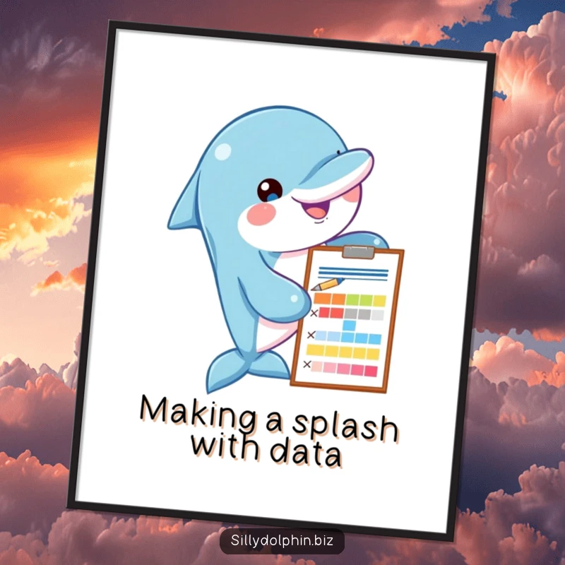 Funny Free Printable Wall Art: A dolphin holds a clipboard and pen, intently assessing a colorful, abstract chart.