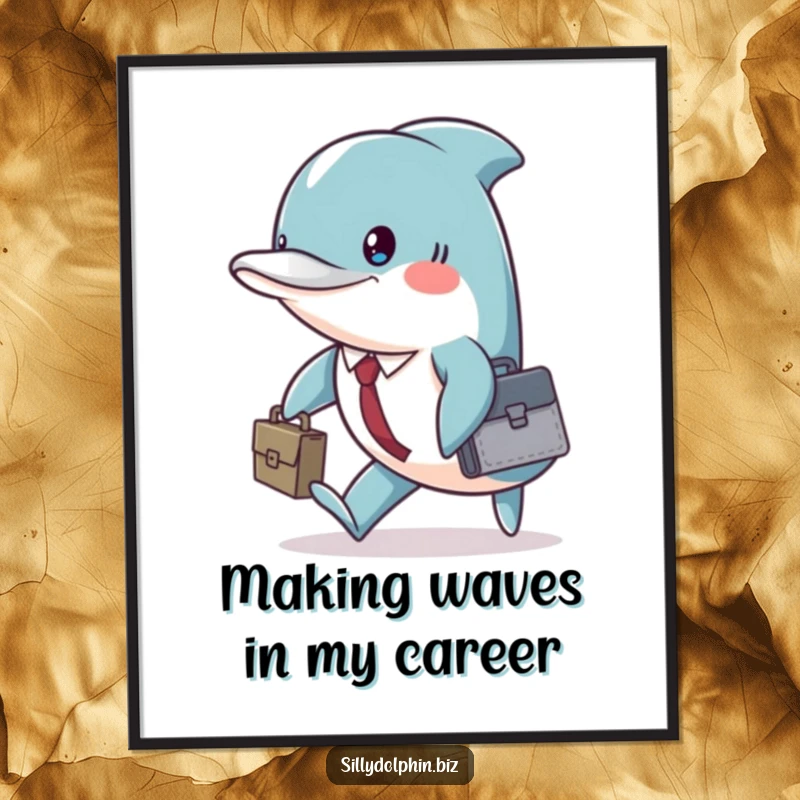 Funny Free Printable Wall Art: A determined dolphin wearing a briefcase, marching with a serious expression.