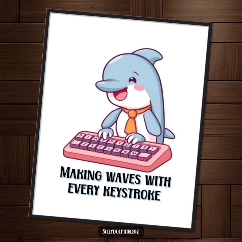 Funny Free Printable Wall Art: A dolphin in a tiny tie enthusiastically types on an abstract, colorful keyboard.