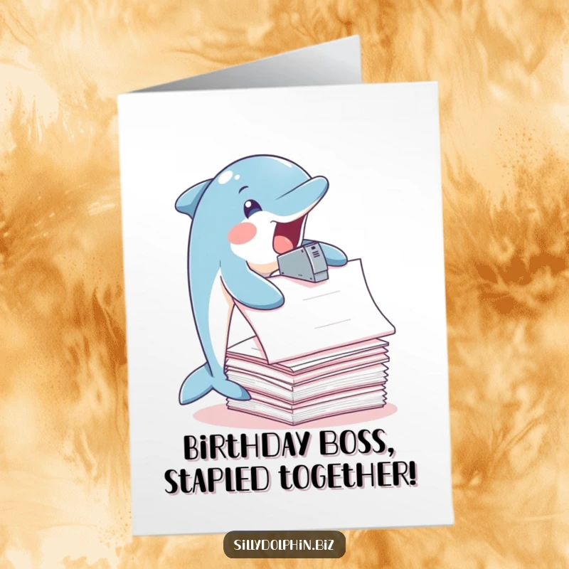 Funny Free Printable Birthday Card: Dolphin joyfully staples a giant stack of papers with its flippers.