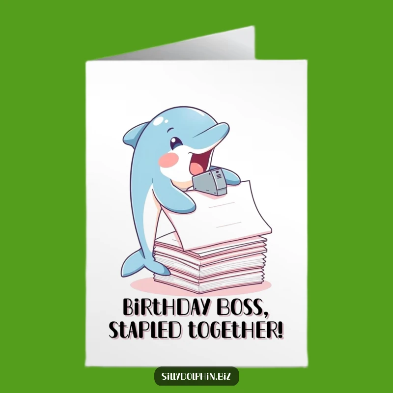 Free Printable Birthday Card: Busy Dolphin Stapling - Funny Downloadable Gift for Go-Getters