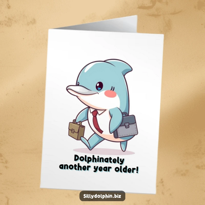 Funny Free Printable Birthday Card: Determined dolphin in a briefcase, marching to celebrate a special day.