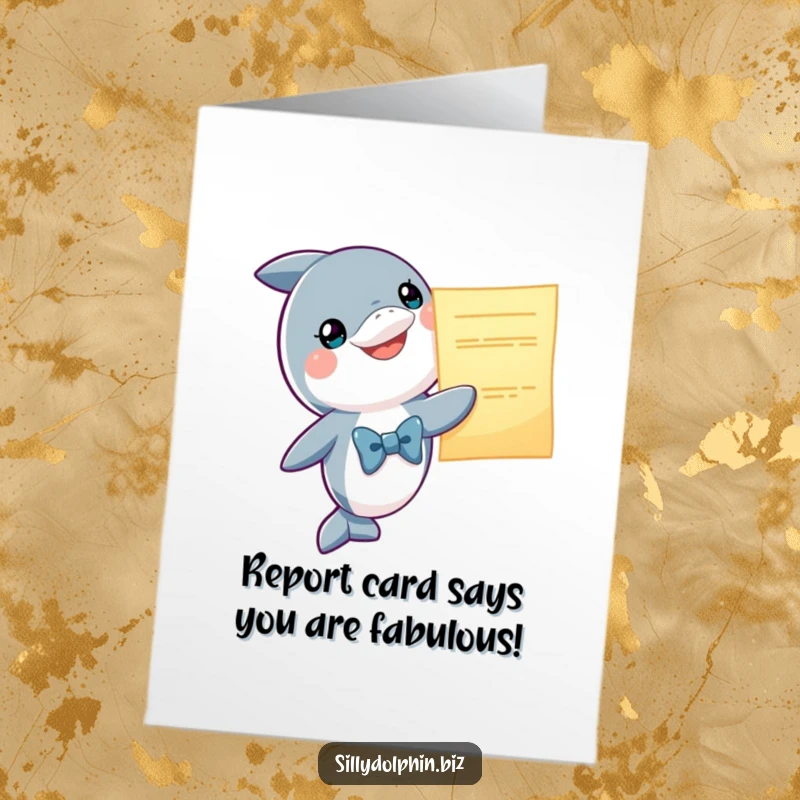 Funny Free Printable Birthday Card: Smiling dolphin in bowtie presents oversized glowing report with pride.