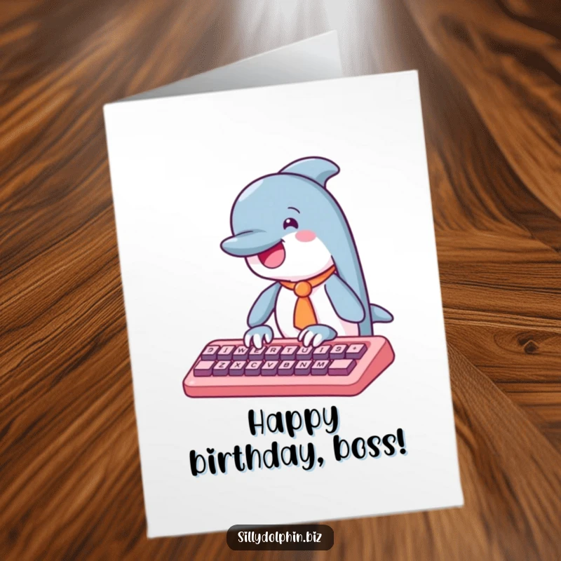 Funny Free Printable Birthday Card: A dolphin in a small tie types enthusiastically on an abstract keyboard.