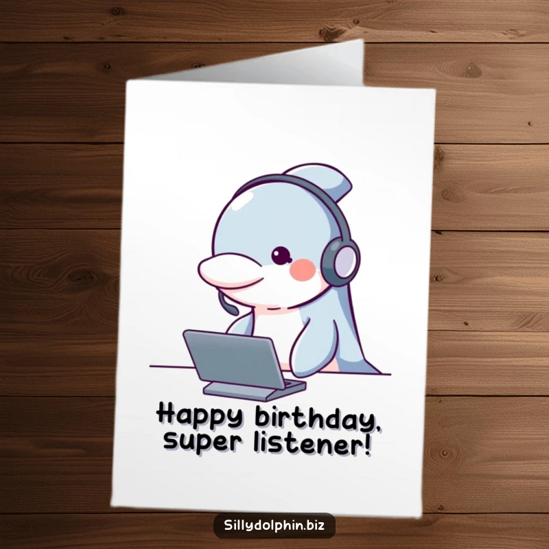 Funny Free Printable Birthday Card: Dolphin wearing a headset, looking attentive and professional behind a desk.