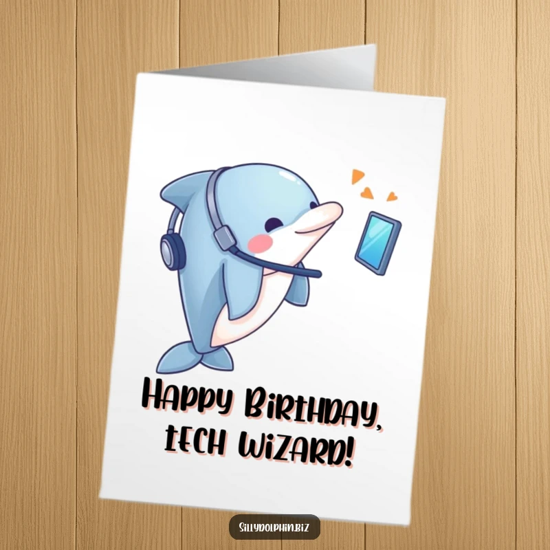 Funny Free Printable Birthday Card: Dolphin with a tiny headset looks enthusiastically at a floating tech screen.