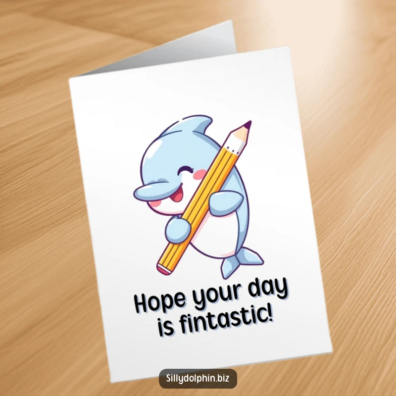 Funny Free Printable Birthday Card: A happy dolphin proudly holds a very large, perfectly sharpened pencil. Smart and cheerful.