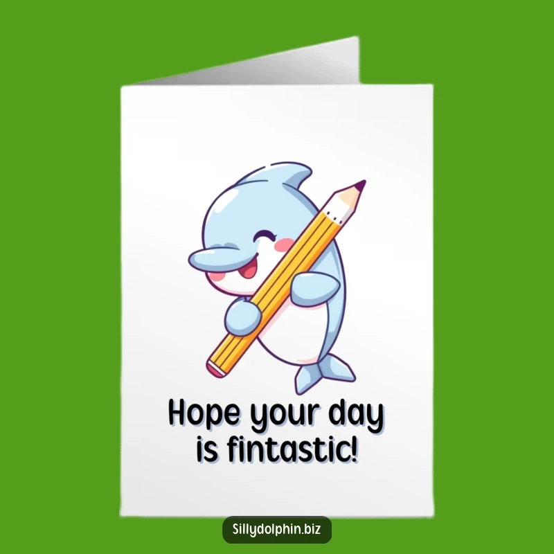 Free Printable Birthday Card: Smart Dolphin with Giant Pencil - Funny Downloadable Gift
