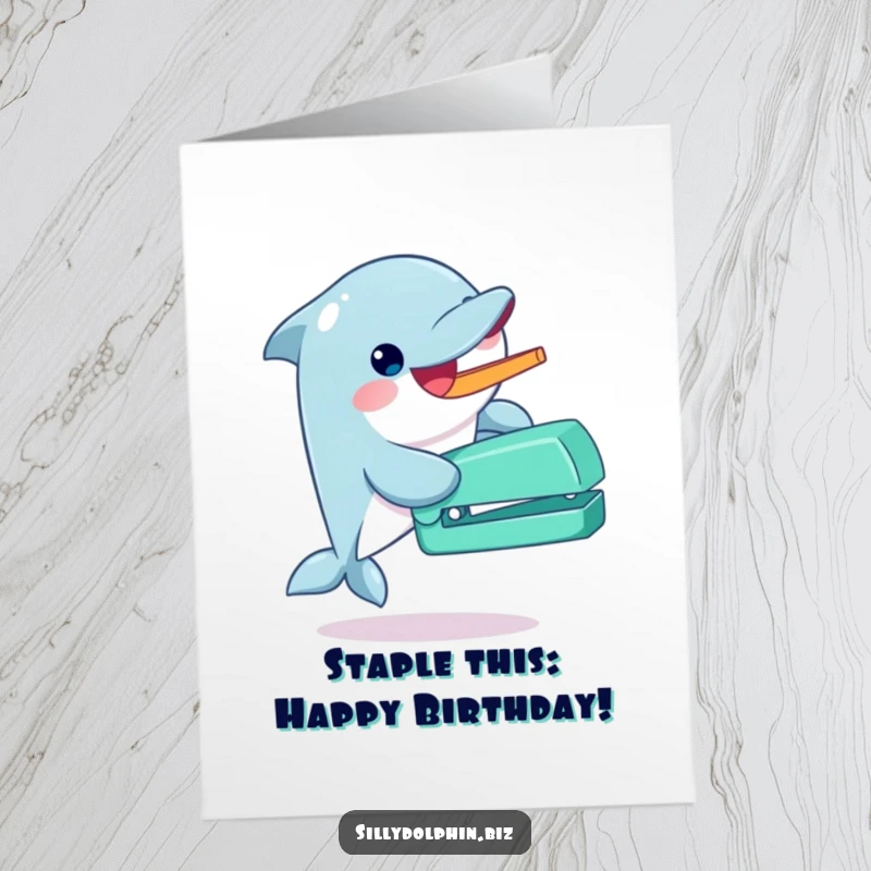 Funny Free Printable Birthday Card: Dolphin gleefully operates a quirky, oversized stapler with its fin.