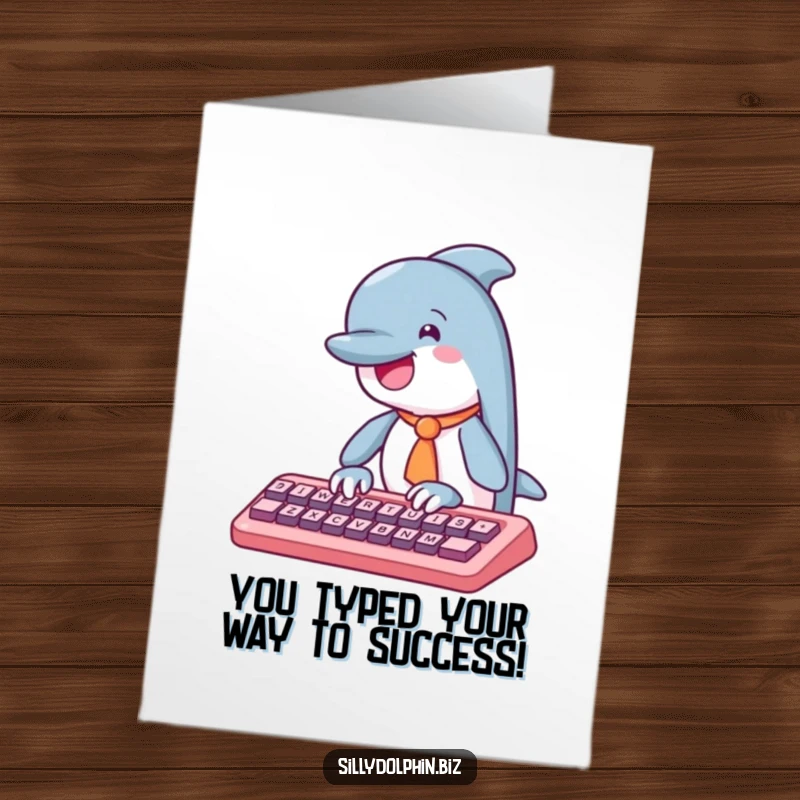 Funny Free Printable Congratulations Card: Dolphin wearing a tie, focused on typing on an abstract keyboard.