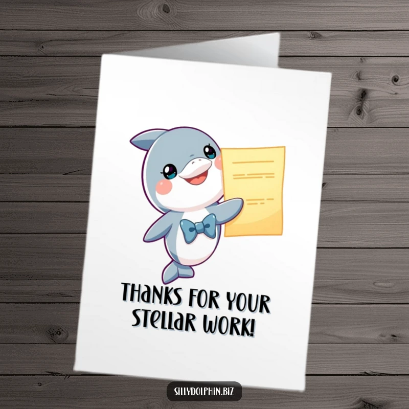 Funny Free Printable Thank You Card: Dolphin in bowtie presents a glowing report as a thank you.