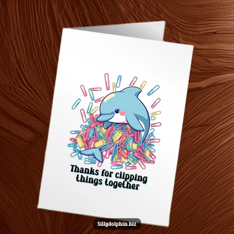 Funny Free Printable Thank You Card: A dolphin playfully attempts to organize a chaotic heap of enormous paperclips. Humorous gratitude.