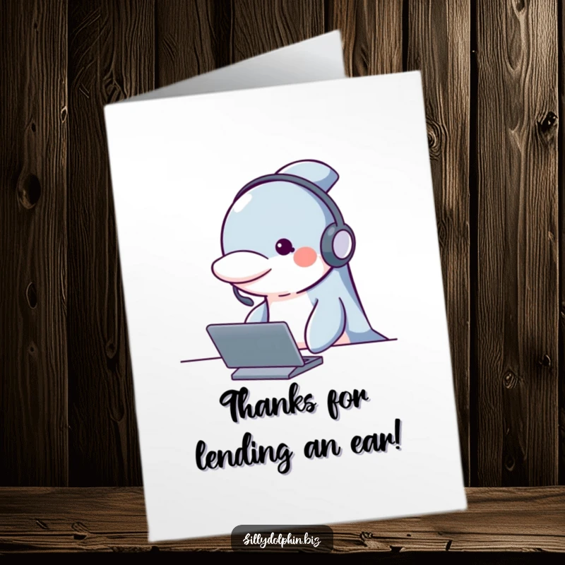 Funny Free Printable Thank You Card: Attentive dolphin wearing a headset sits behind a desk, ready to help.