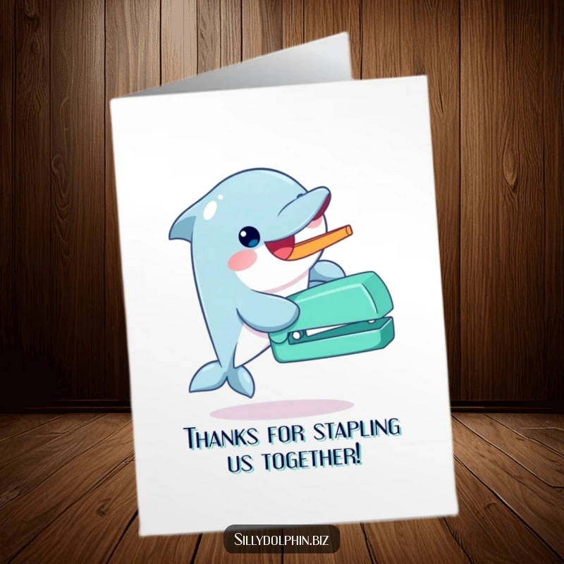 Funny Free Printable Thank You Card: Dolphin gleefully operates an oversized, quirky stapler with its fin.