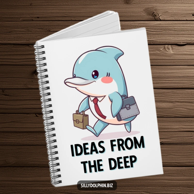 Funny dolphin with a briefcase, marching with purpose, on a notebook cover for writing.
