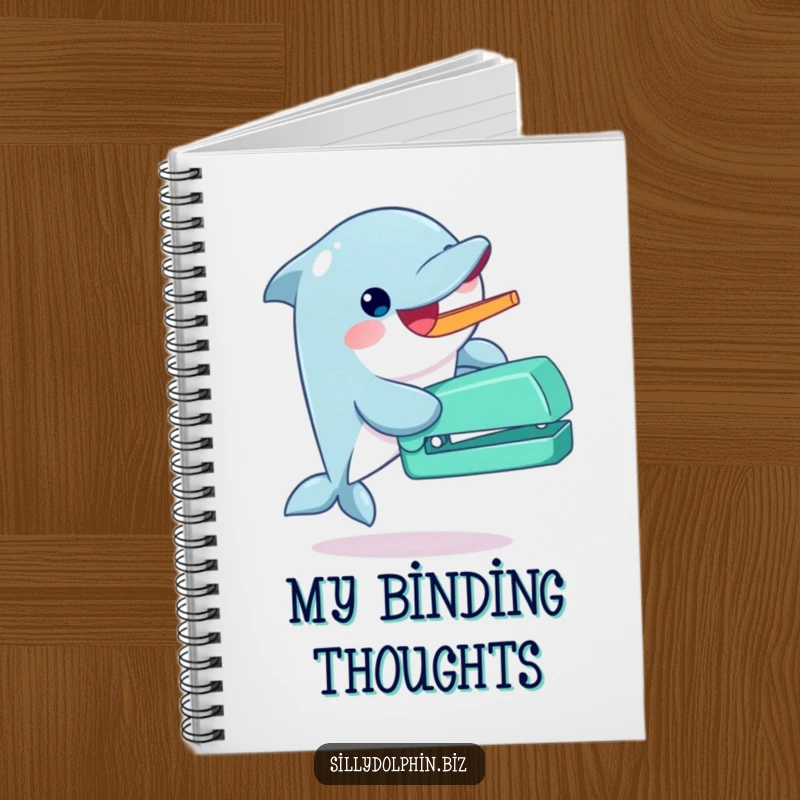 Funny dolphin notebook gleefully operating an oversized stapler with its fin, perfect for organized and enthusiastic note-taking.