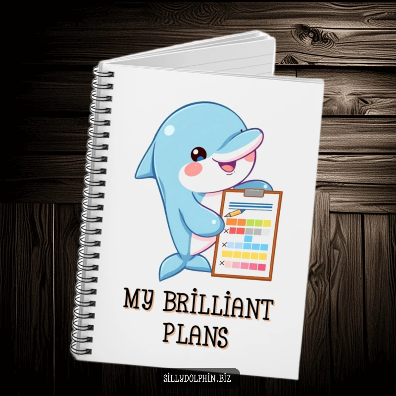 Funny dolphin notebook with a clipboard and pen, assessing a colorful chart, perfect for organized and analytical note-taking.