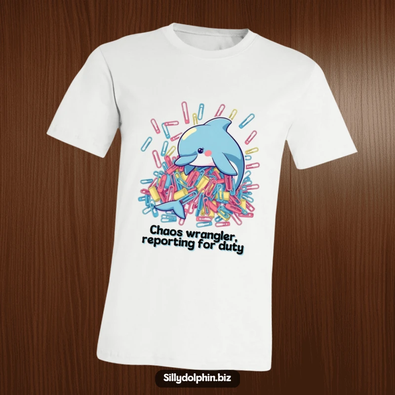 Funny t-shirt design of a cheerful dolphin trying to organize a huge pile of oversized paperclips, a whimsical scene.