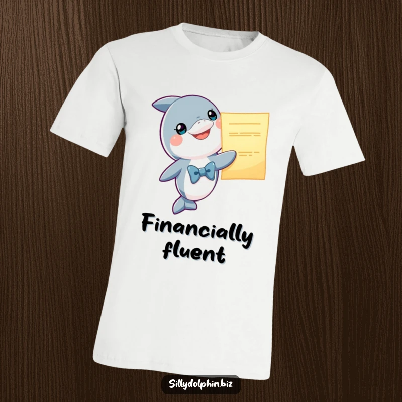 Funny Dolphin T-Shirt: Dapper dolphin in a bowtie holds a glowing report, ideal for cheerful gift recipients