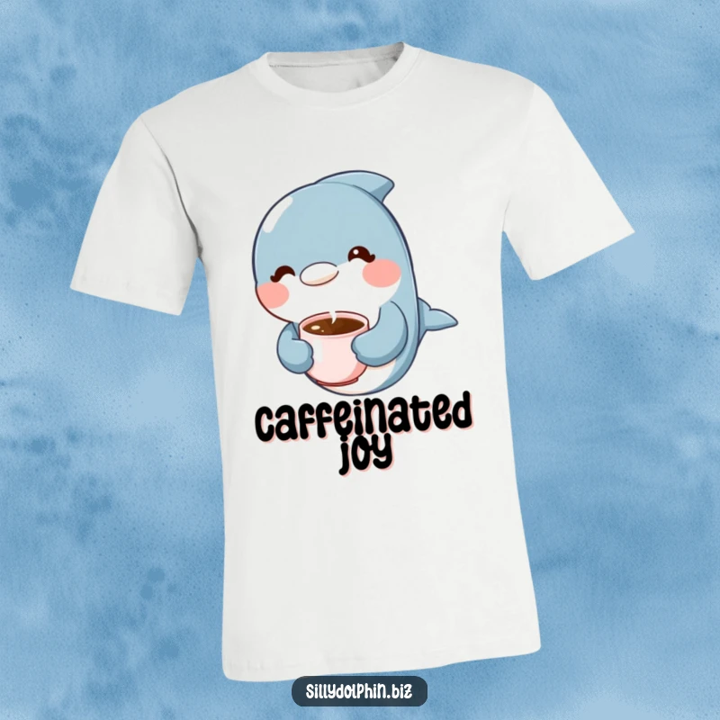 Funny Dolphin T-Shirt: Dolphin holding a tiny steaming coffee cup with a content expression, cozy gift