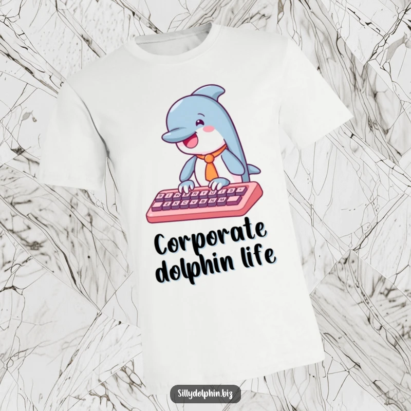 Funny dolphin t-shirt with a tiny tie, enthusiastically typing on an abstract keyboard, perfect for work or casual wear.