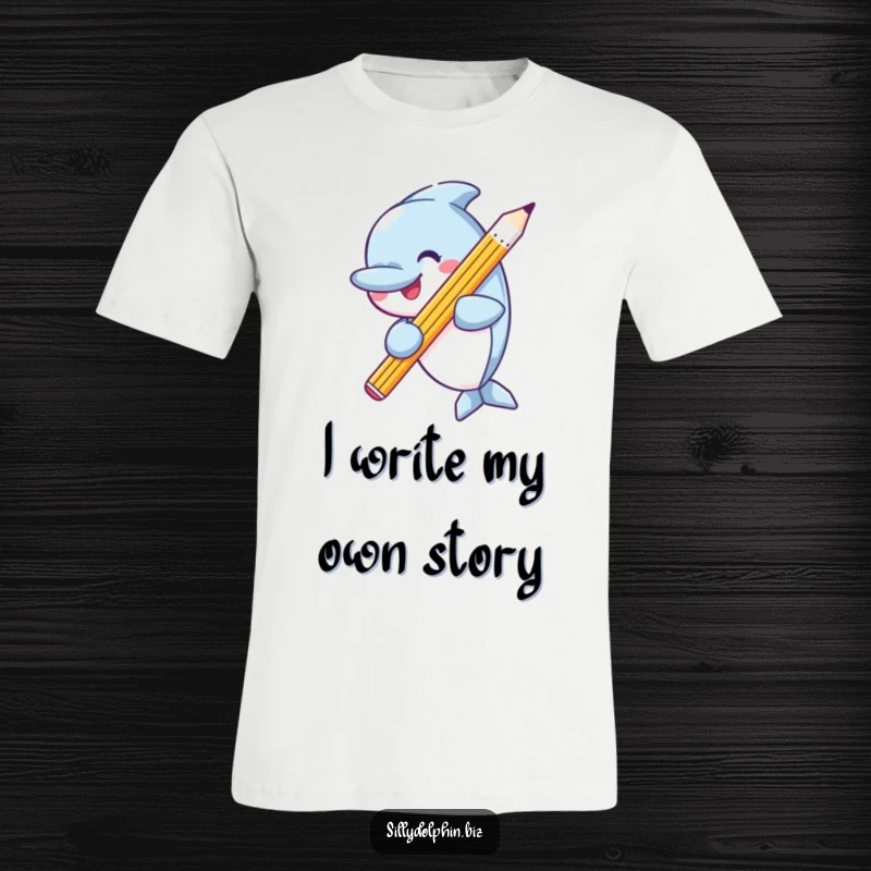 Funny t-shirt design of a happy dolphin holding a single, very large, perfectly sharpened pencil, ready to create.
