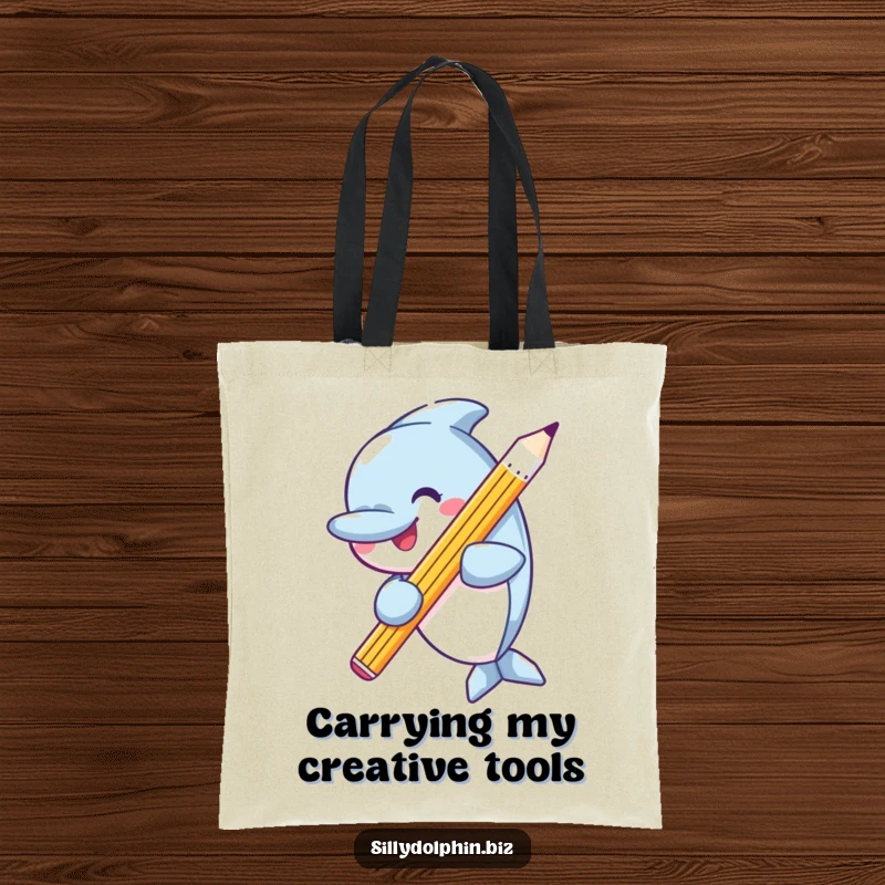 Funny tote bag illustration of a happy dolphin proudly holding a large, perfectly sharpened pencil, ready for creative endeavors.