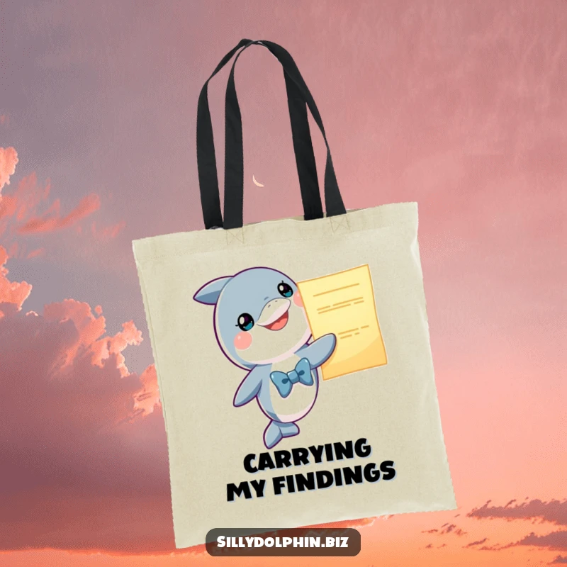 Funny Dolphin Tote Bag: Adorable dolphin in a bowtie holds a large glowing report, practical and funny