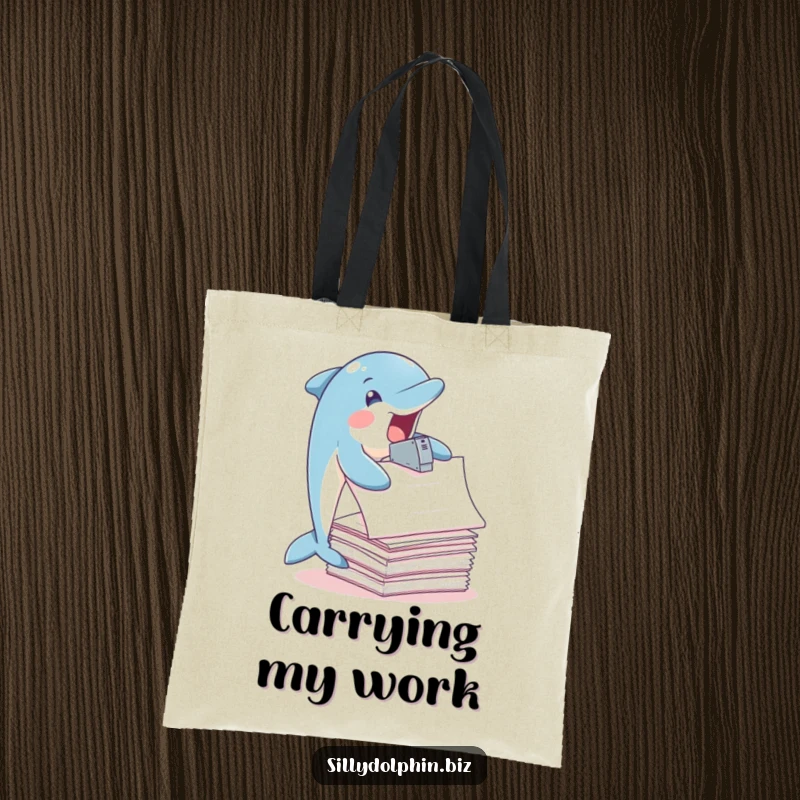 Funny Dolphin Tote Bag: Dolphin joyfully staples oversized papers with fins, practical and funny