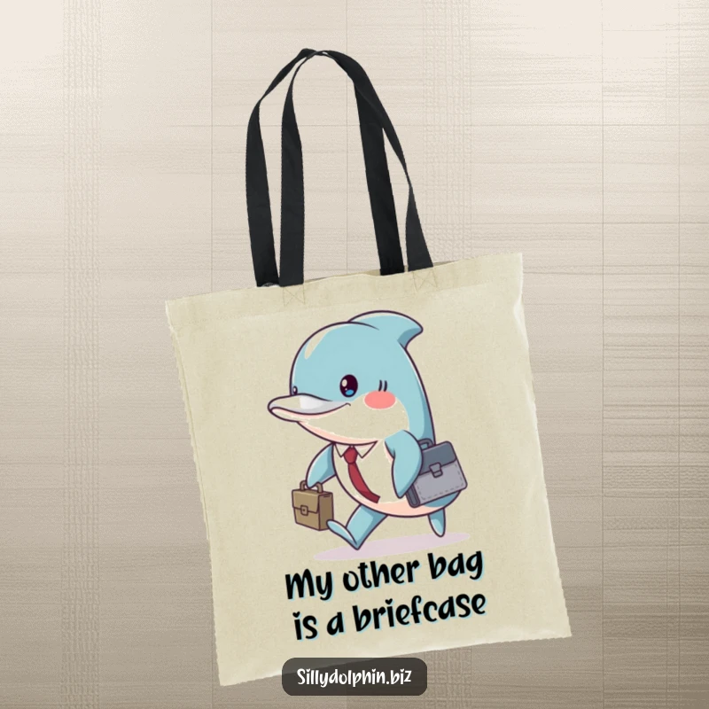 Funny dolphin carrying a briefcase, marching with purpose, making this tote bag a humorous companion.