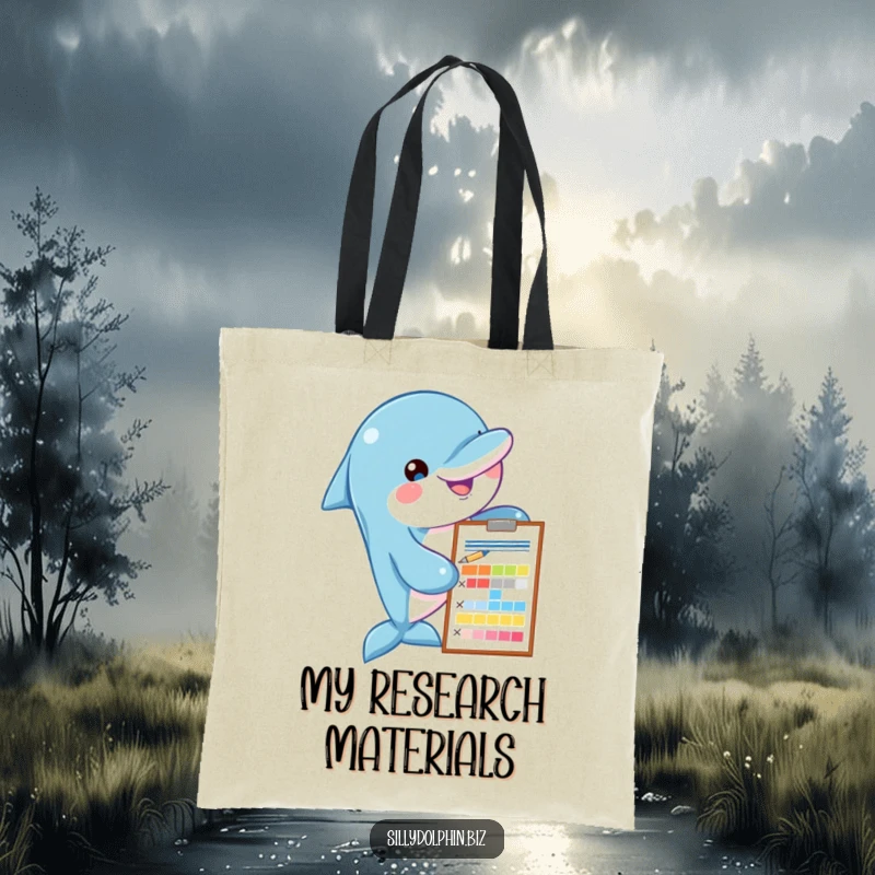 Funny dolphin tote bag with a clipboard and pen, assessing a colorful chart, a humorous and practical accessory for data lovers.